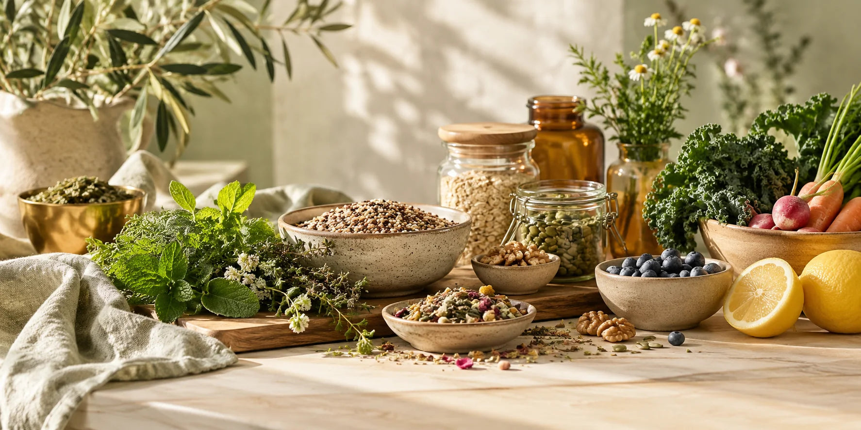 A sunlit selection of wholefoods, herbs and tea