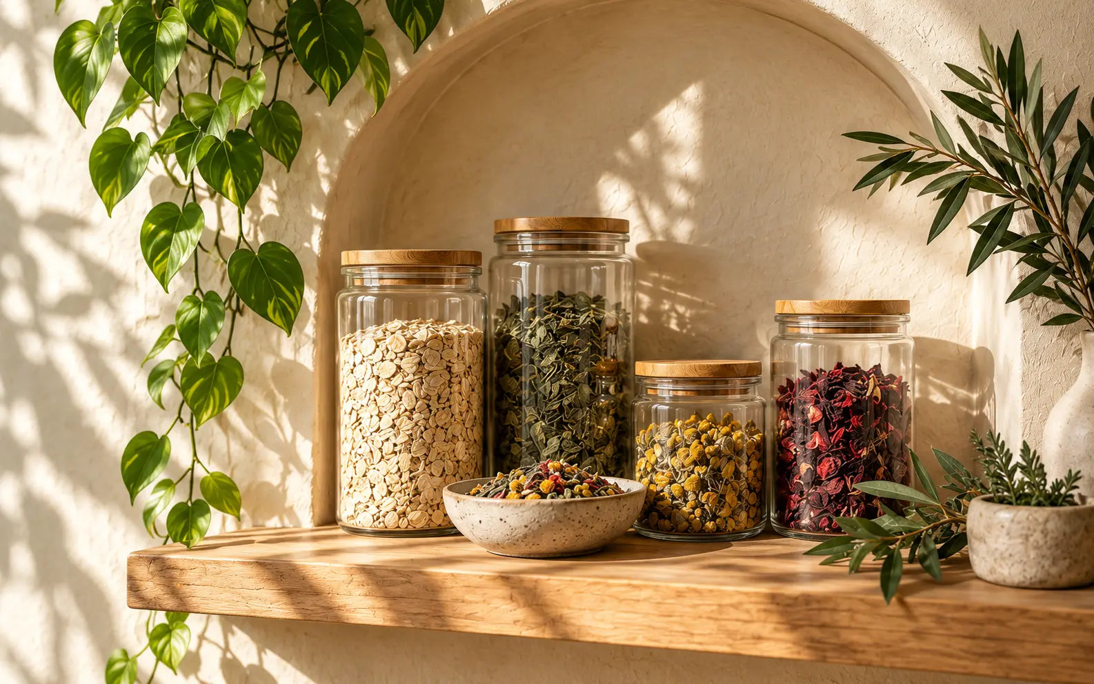 Sunlit glass jars of wholefoods and herbs on a wooden shelf